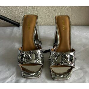 Express Metallic Silver Mule with Buckle Detail and 3 Inch Platform Heel Size 7
